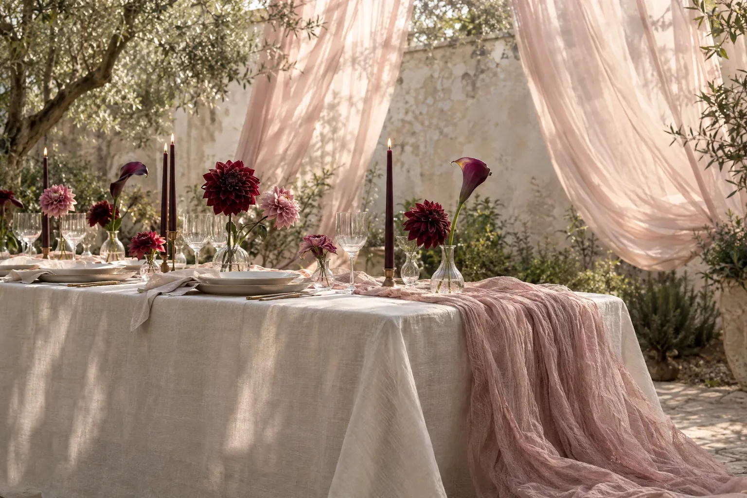Garden wedding table dressed with a dusty pink runner and sheer pink drapes behind it