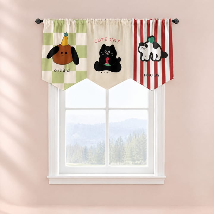 The Printed Short Cafe Curtain, Green check with dog and cat