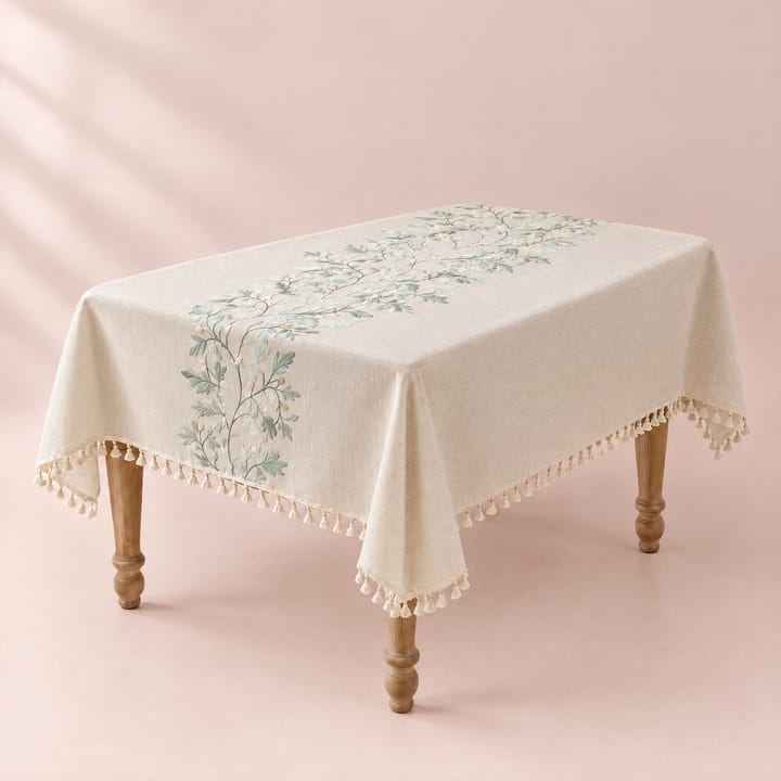 Sage leaf embroidery on an oatmeal tablecloth