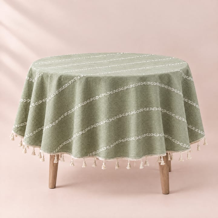 The Round Tassel Tablecloth, Sage stripe
