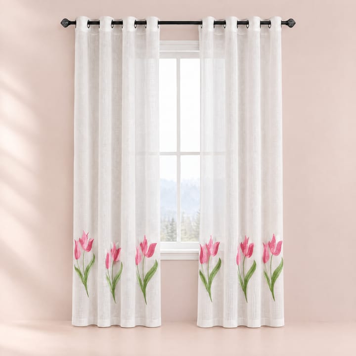 The Tulip Embroidered Cafe Curtain, White with pink tulip embroidery