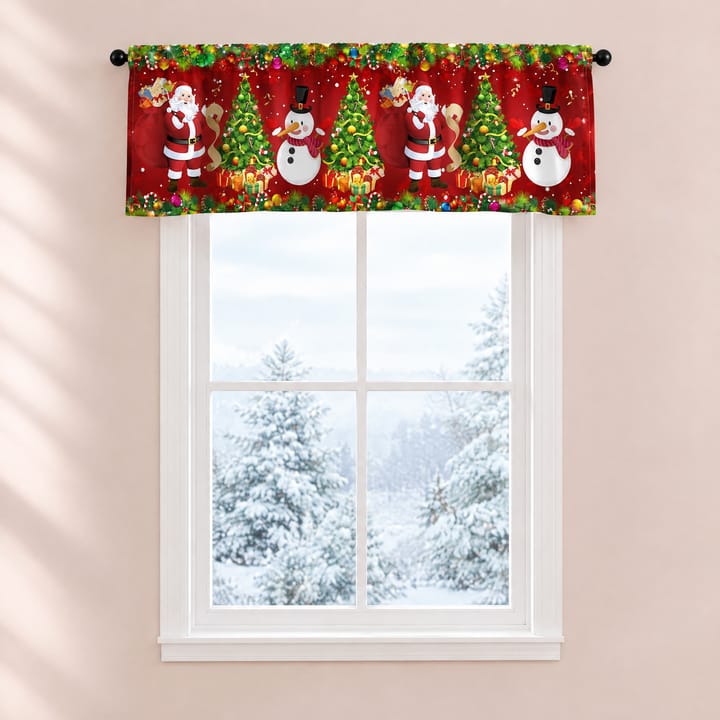 The Christmas Print Window Valance, Santa and snowman with trees