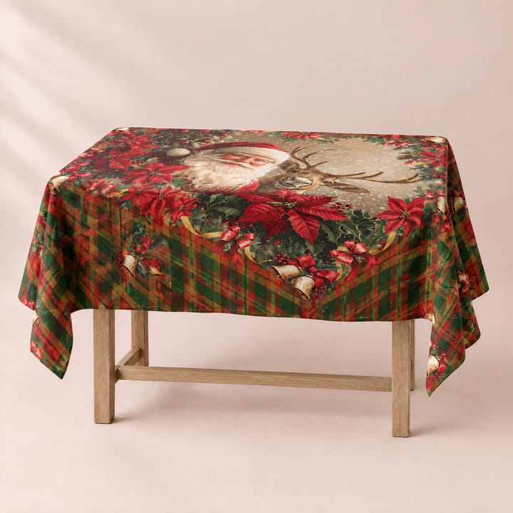 The Christmas Plaid Tablecloth, Santa and reindeer with red poinsettias and plaid border