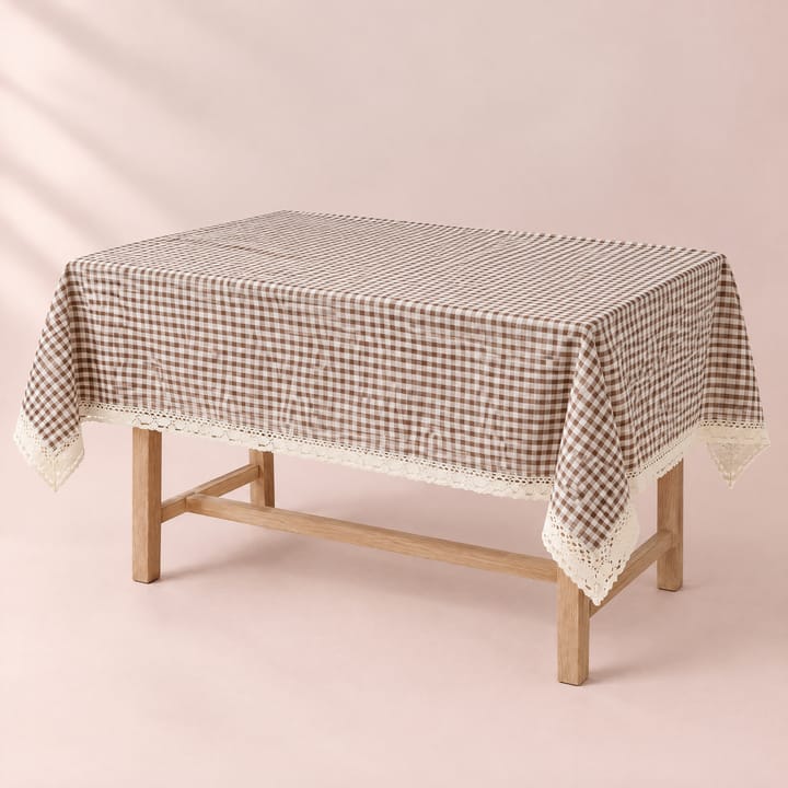 Brown gingham tablecloth in a sunny kitchen
