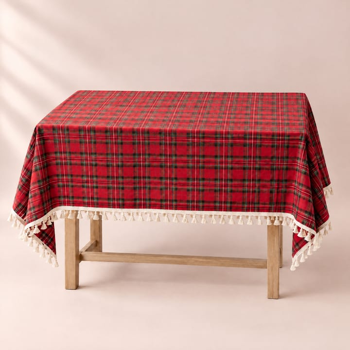 The Plaid Holiday Tablecloth, Red plaid with tassels