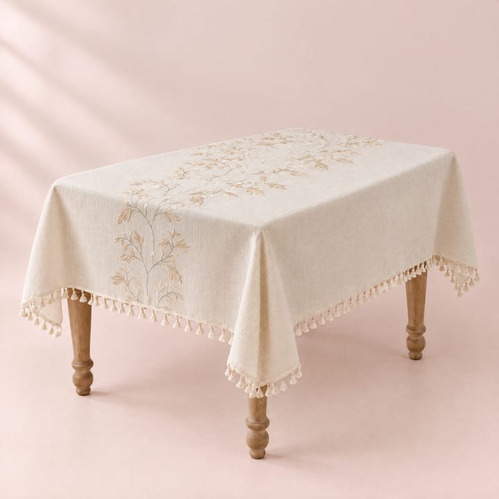 Gold leaf embroidery on an oatmeal tablecloth