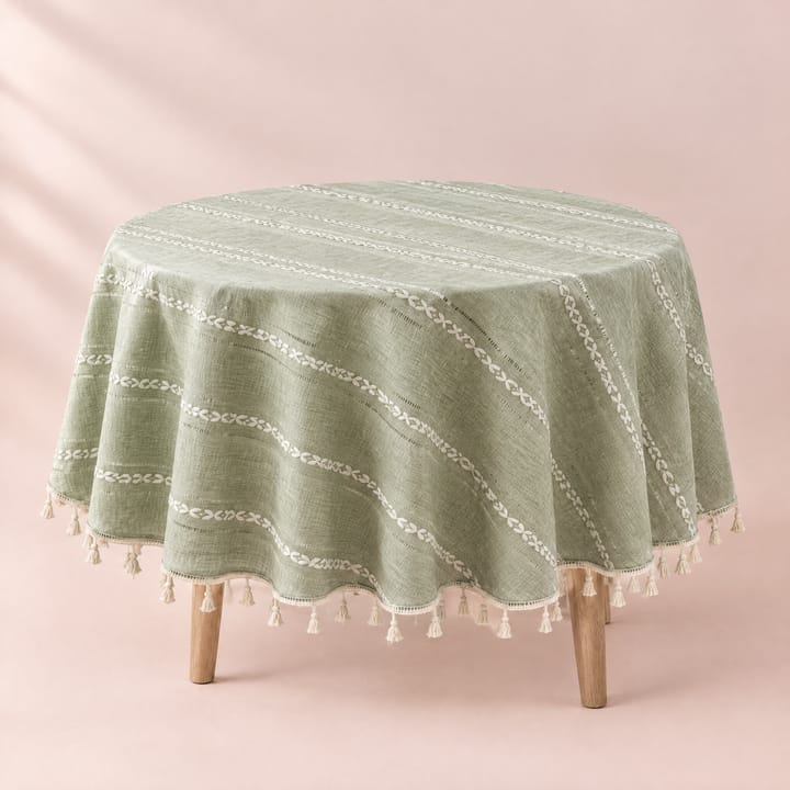 Round tablecloth in Sage stripe on a pedestal table