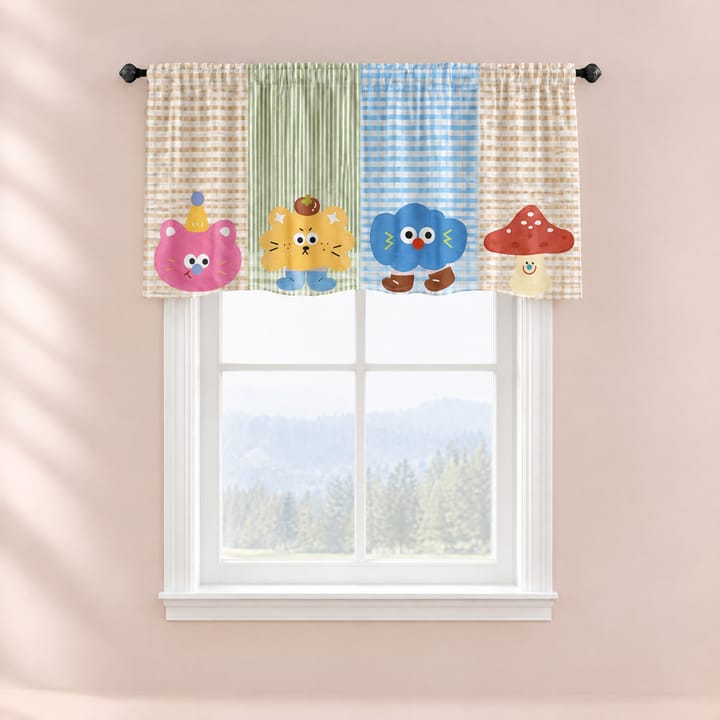 The Printed Short Cafe Curtain, Pink with cat and mushroom
