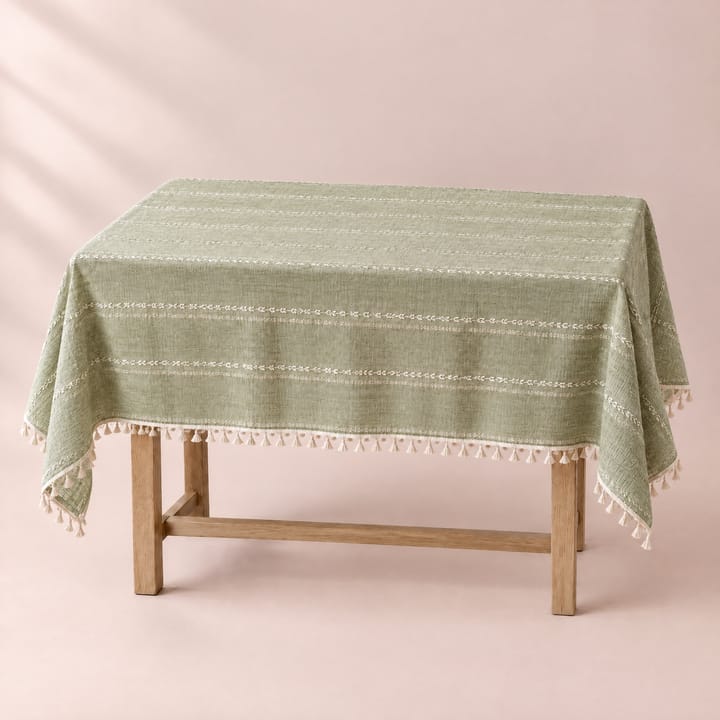 Sage green tablecloth with woven cream stripes