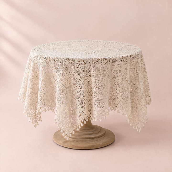 Tasseled beige crochet lace tablecloth on a round table