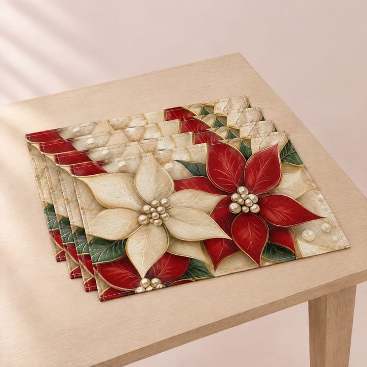 The Christmas Print Linen Placemat, Cream and red poinsettia