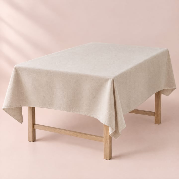 Coffee tablecloth with hemmed edges on a table with black chairs