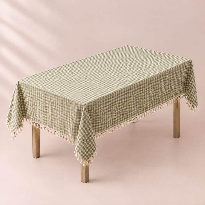 The Green Gingham Tablecloth with its tassel trim