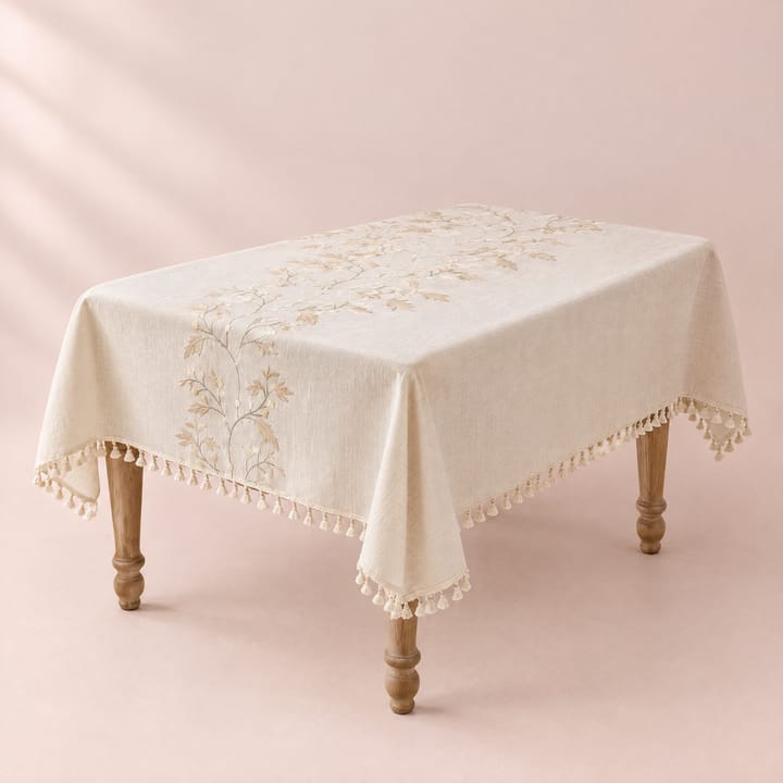 Embroidered leaf tablecloth with tassels on a set dining table