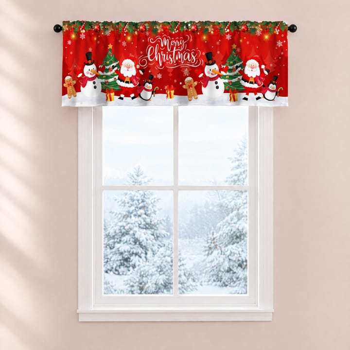 The Christmas Print Window Valance, Merry Christmas red with snowmen