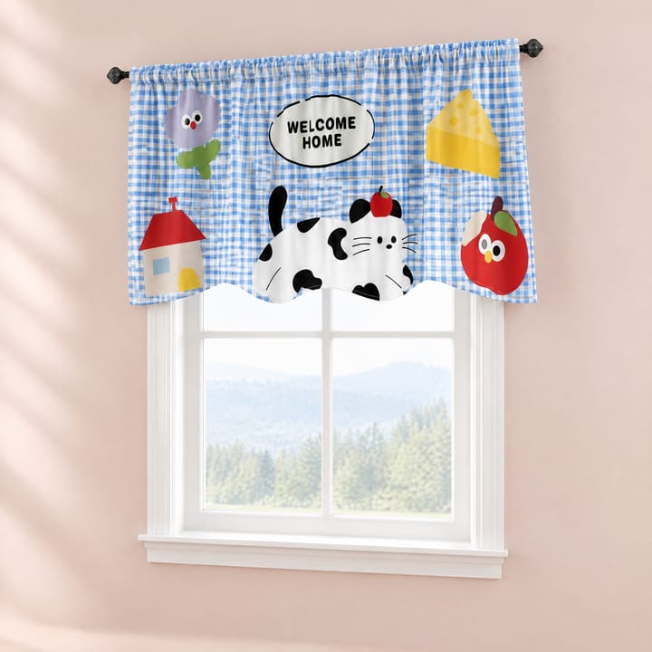 The Printed Short Cafe Curtain, Blue check with welcome home animals