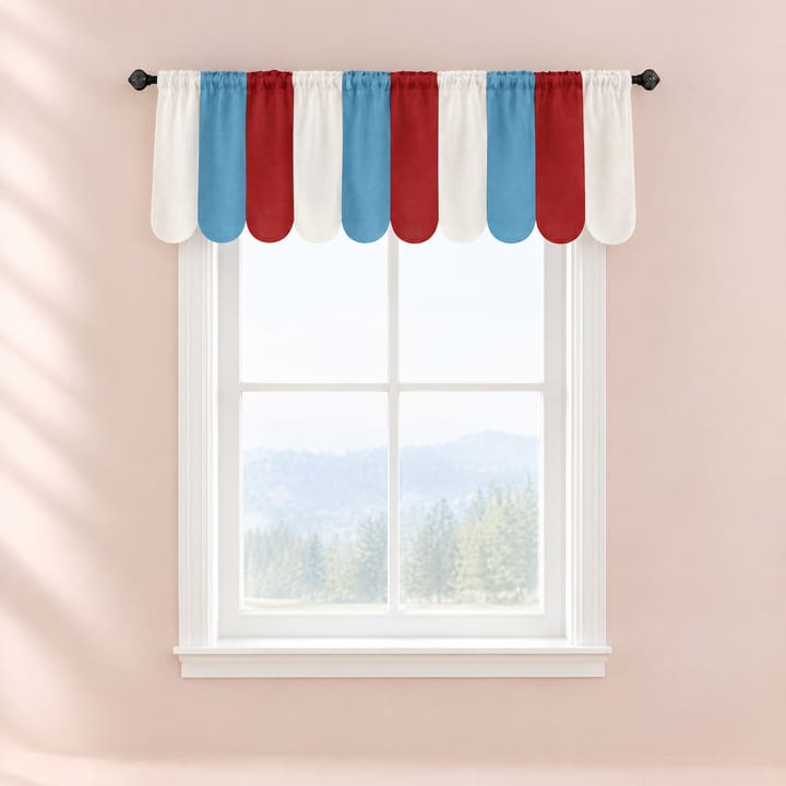 The Printed Short Cafe Curtain, Red, blue and cream stripes