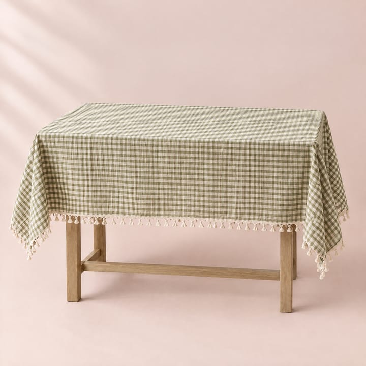 Green gingham tablecloth with a tassel trim on a dining table