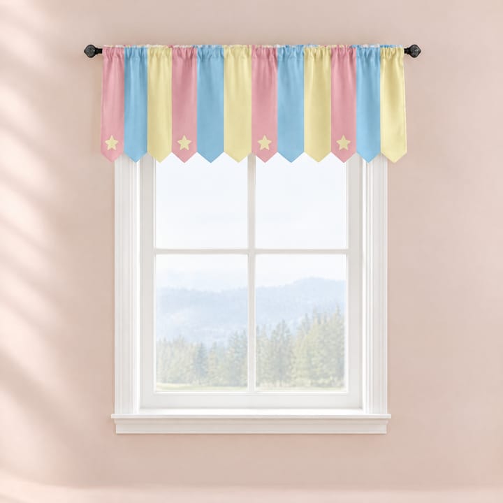 The Printed Short Cafe Curtain, Pink, blue and yellow stripes