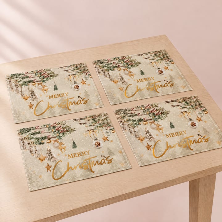 The Christmas Print Linen Placemat, Gold ornaments on beige