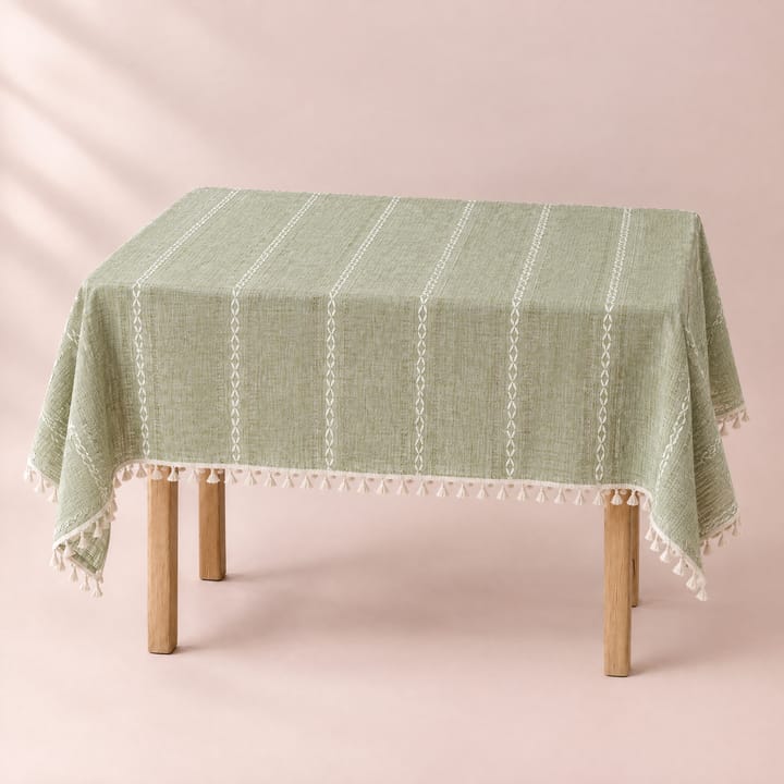 The Sage Woven Tablecloth from the end of the table