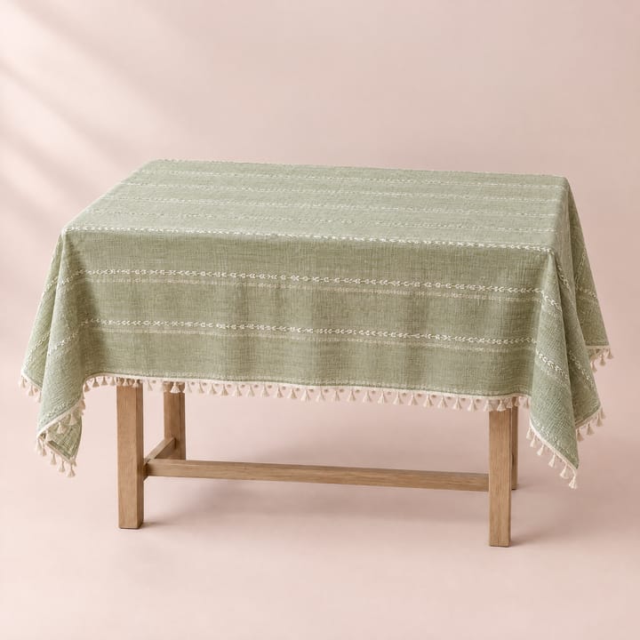 Sage woven tablecloth with tassels on a wooden dining table