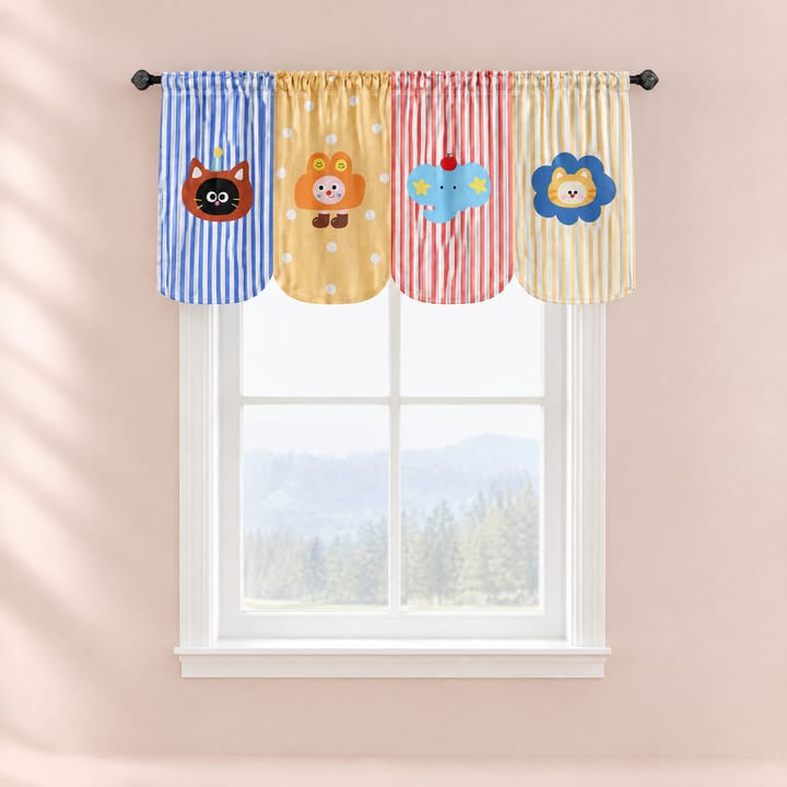 The Printed Short Cafe Curtain, Blue stripe with cat