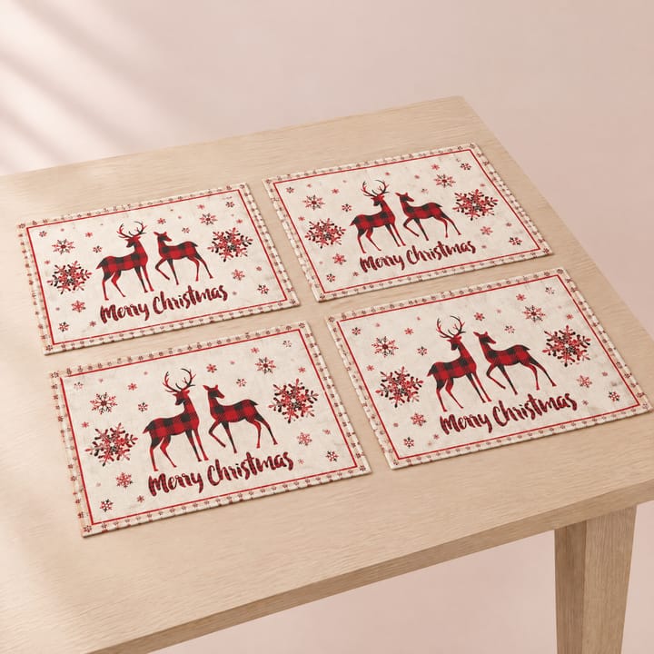 The Christmas Print Linen Placemat, Red and black plaid reindeer