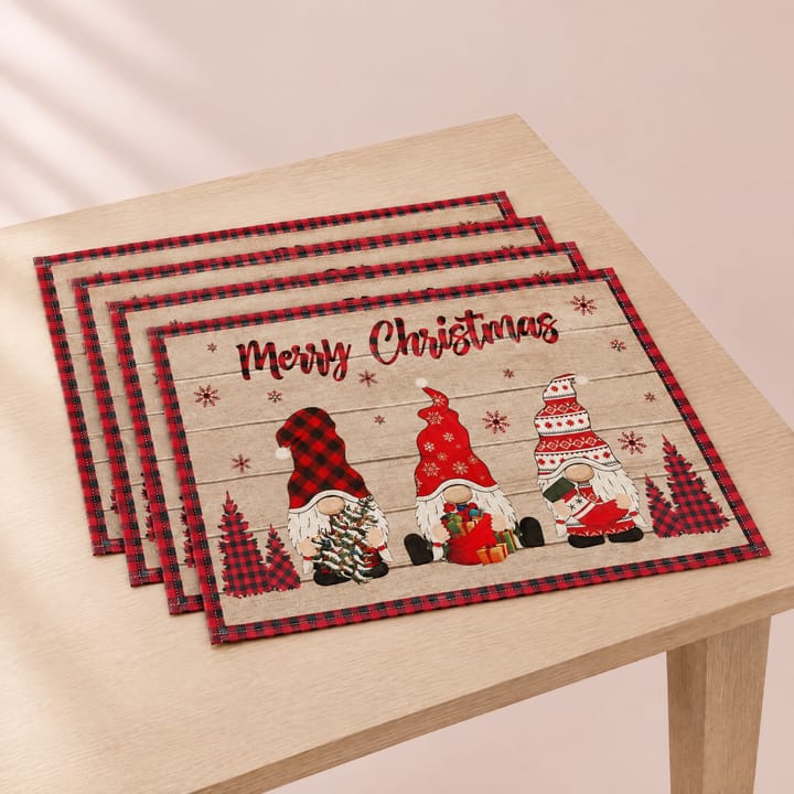 The Christmas Print Linen Placemat, Red and black plaid gnomes